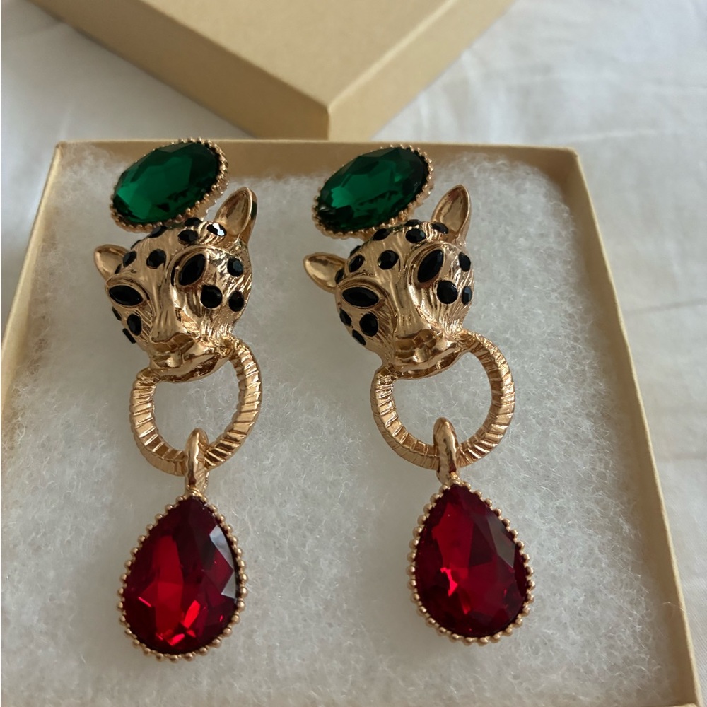 Gold Leopard Head Drop Earrings with Red and Green Stones